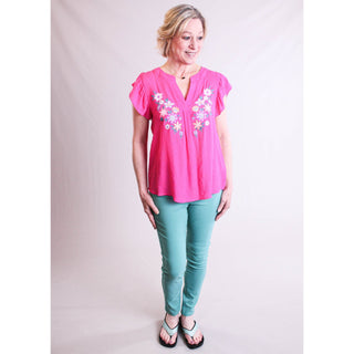 Blu Pepper Flutter Sleeve Blouse with Embroidered Flowers - Fashion Crossroads Inc