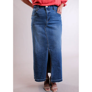 Democracy Long Denim Skirt with Front Slit - Fashion Crossroads Inc