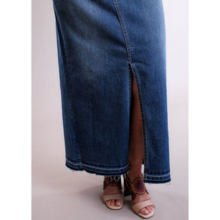 Democracy Long Denim Skirt with Front Slit - Fashion Crossroads Inc