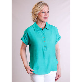 MINE Button Down Top with Cuffed Short Sleeves - Fashion Crossroads Inc