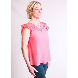 MINE Scallop Eyelet Top with Flutter Sleeves - Fashion Crossroads Inc