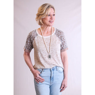 Mystree Burnout Tee with Leopard Print Sleeves - Fashion Crossroads Inc