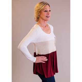 Be Stage Long Sleeve Color Block Top with Pocket - Fashion Crossroads Inc