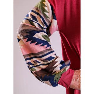 Celeste Long Sleeve Top with Aztec Print Sleeves - Fashion Crossroads Inc