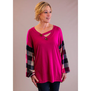 Celeste Solid Top with Plaid Long Sleeves - Fashion Crossroads Inc