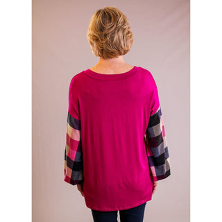 Celeste Solid Top with Plaid Long Sleeves - Fashion Crossroads Inc