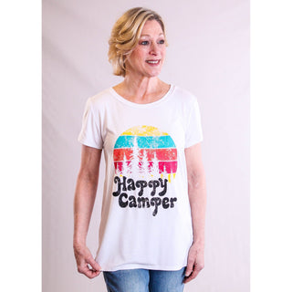 Coverstitched Short Sleeve Happy Camper Tee - Fashion Crossroads Inc