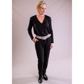 Crossover Jumpsuit with Long Sleeves - front view - Fashion Crossroads Inc