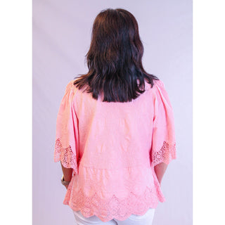 Democracy Crochet V Neck Top with Flutter Sleeve Back View - Fashion Crossroads Inc
