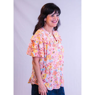 Democracy Quilted Yoke Top with Triple Flounce Sleeves - Fashion Crossroads Inc