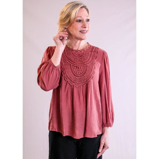 E & M Long Sleeve Top with Crochet and Tie Back - Fashion Crossroads Inc