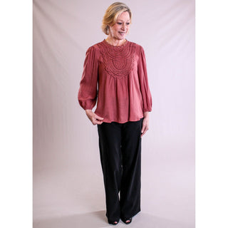 E & M Long Sleeve Top with Crochet and Tie Back - Fashion Crossroads Inc