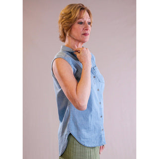 New Mix Chambray Sleeveless Collared Button down Top - Fashion Crossroads Inc