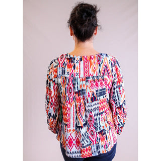 Tribal 3/4 Sleeve Button Front Blouse with Pleats - Fashion Crossroads Inc