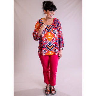 Tribal 3/4 Sleeve Peasant Top with Buttons - Fashion Crossroads Inc