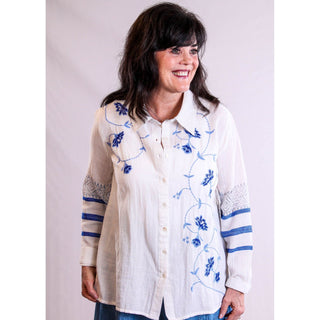 Tribal Long Sleeve Button Up Blouse with Embroidery - Fashion Crossroads Inc