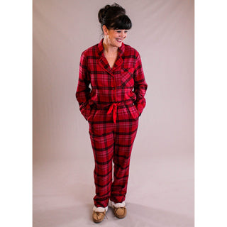 Tribal Plaid Long Sleeve Pajama Top model view - Fashion Crossroads Inc
